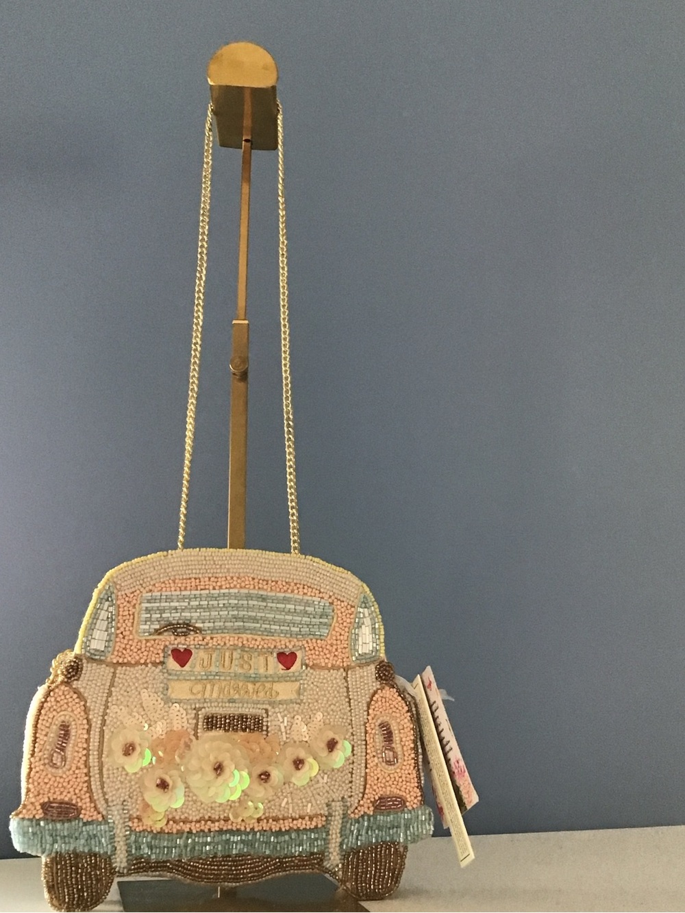 New Beaded Pastel Car-Shaped ‘Just Married’ Mini Crossbody Bag in Pink and Blue